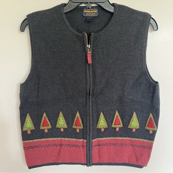 Vtg Woolrich Sweater Vest Womens Large Christmas Trees Artsy Stitched Applique - Picture 1 of 11